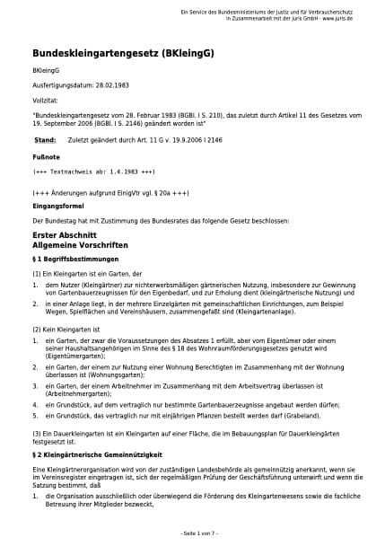 Bundeskleingartengesetz (BKleingG) Vorschaubild